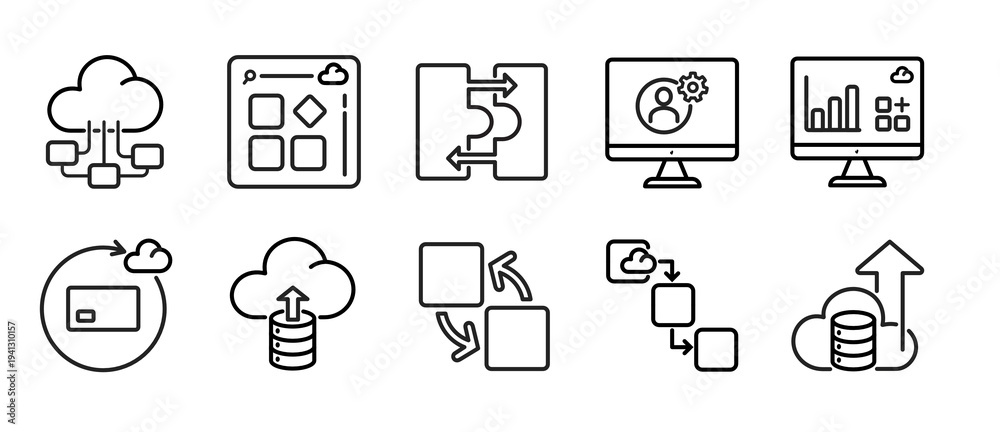 Fototapeta premium Cloud Software Platform Outline Icons Set – Web Application, API Integration, User Management, Platform Dashboard, Cloud Data Storage, Subscription System, Software Integration, Workflow, Scalability