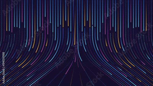 Futuristic Digital Data Flow Background with Neon Light Lines and Particle Dots, Abstract Technology Network Stream, Big Data Visualization, Artificial Intelligence Concept Vector