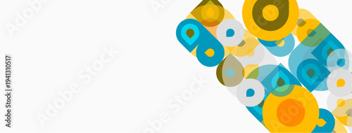 Abstract geometric shapes, circles, squares overlap. Blue, yellow, orange hues dominate white background. Modern design element.