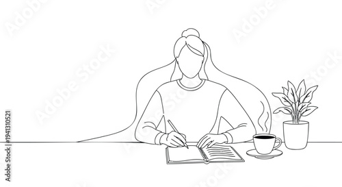Vector illustration of woman reading book with coffee and plant