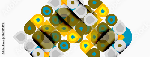 Abstract composition featuring overlapping circles, squares, rectangles. Colors include yellow, blue, olive, gray, black. Modern design elements present.