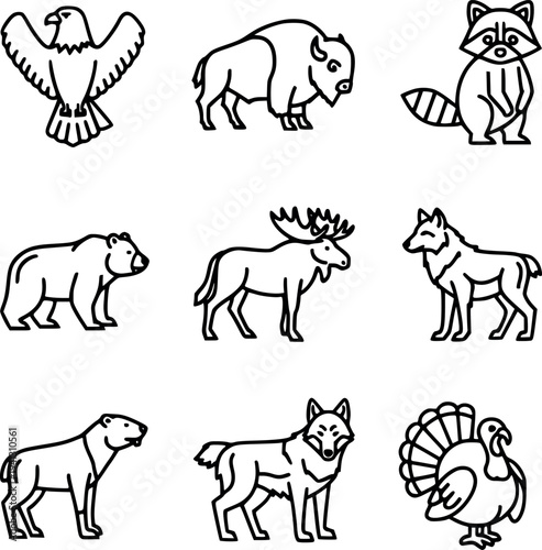 North American Wildlife Animals Icon Set Thick Outline