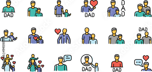 Father and child icons: happy family love, dad and kid relationship symbol set