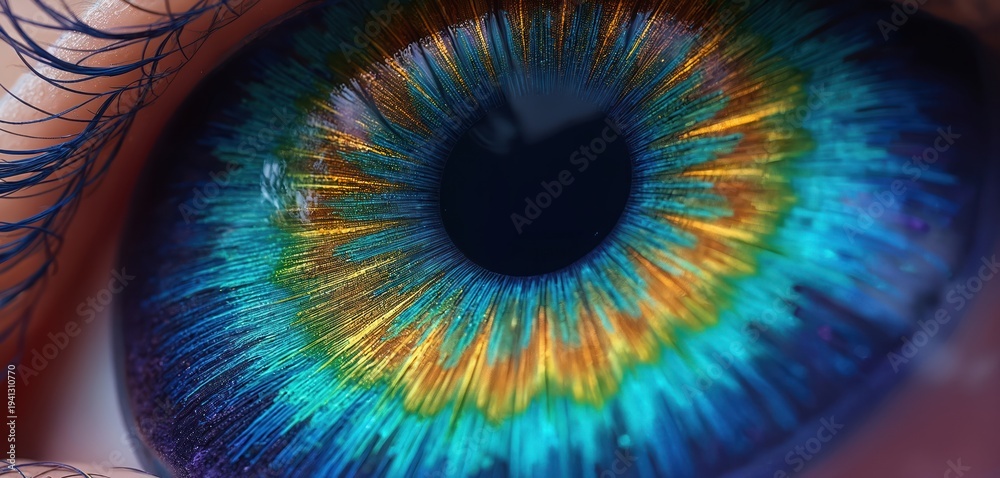 Fototapeta premium Extreme close-up of human eye iris with swirling patterns. Vivid colors blend in radial lines creating cosmic or galaxy effect. Detailed texture shows vibrant spectrum of blues greens and yellows.