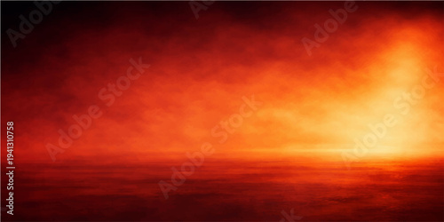 A beautiful orange sunset reflects off the horizon, creating an abstract fire in the sky and sea as vibrant red clouds illuminate the summer landscape at dusk