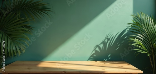 Wooden table surface with tropical leaves and palm shadow on green wall. Natural light creates diagonal pattern. Eco minimalist background for product display or design.