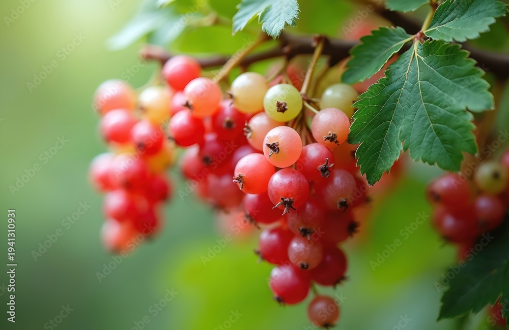Fototapeta premium Ripe redcurrant berries grow on shrub branch with green leaves. Small round fruit cluster ripens in summer garden. Harvest time for sweet healthy garden crop.