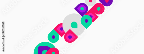 Colorful abstract shapes overlap, creating dynamic composition. Circles, squares, rectangles form playful pattern. Bright hues dominate white background.