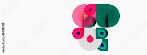 Abstract shapes, pinks, greens, whites combine. Modern design, playful composition, simple geometry present. Clean aesthetic.