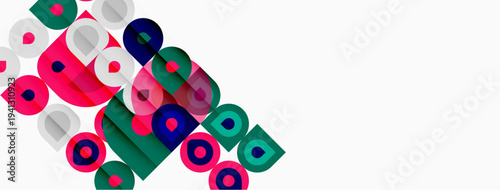 Abstract circles, overlapping shapes create vibrant pattern. Pink, green, blue hues dominate white background. Modern design element.