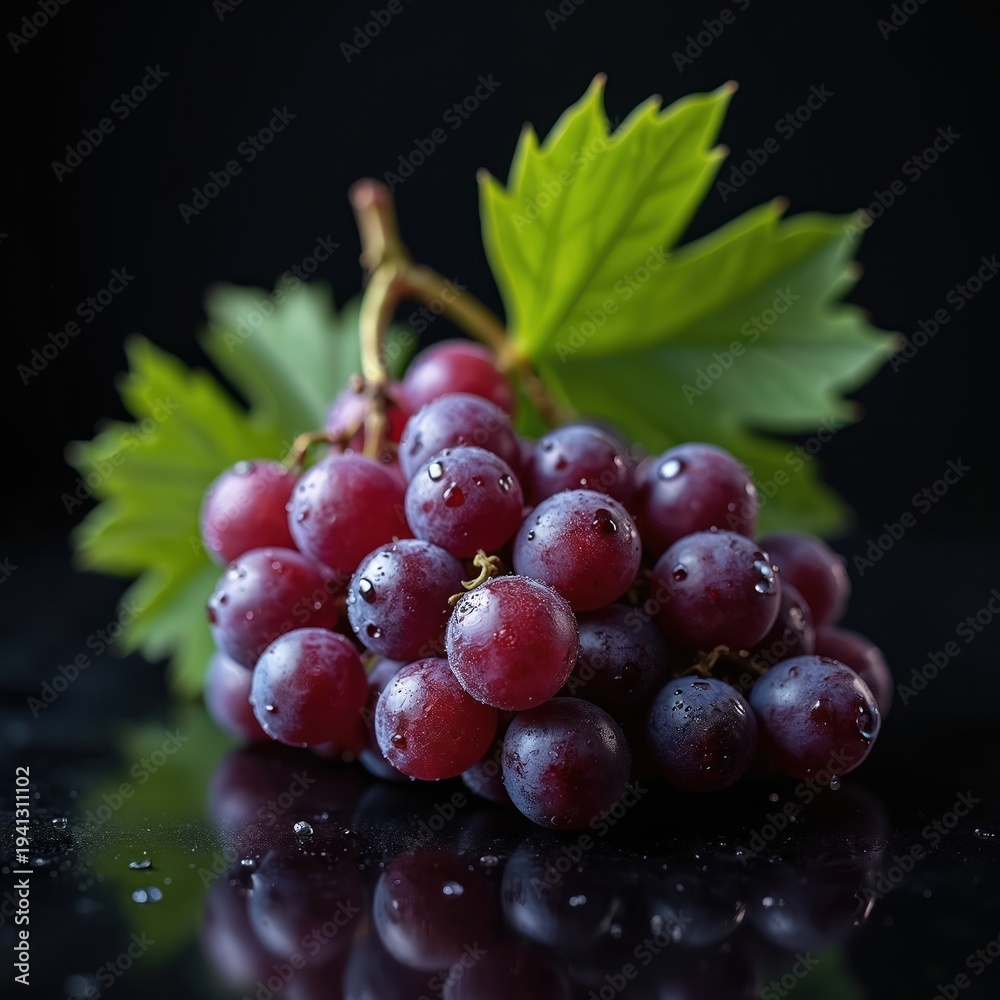 Fototapeta premium Red grapes with water drops sit on dark reflective surface. Green leaves are visible behind fruit bunch. Evening light creates moody atmosphere.