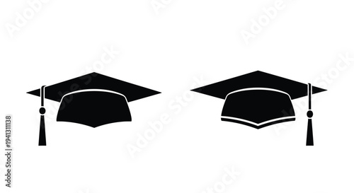 Two black graduation caps depicted in a simple graphic style
