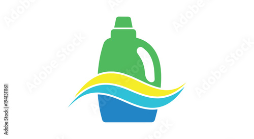 Stylized illustration of a laundry detergent bottle with flowing water