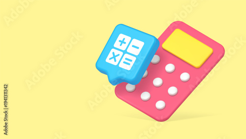 Minimalist 3d banner template with cartoon calculator. Vector illustration for finance, accounting, education. Modern design for web, ads, presentations with mathematical symbols
