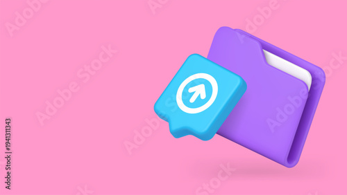 Modern banner template with a 3d cartoon folder and upload arrow icon. Vector illustration for cloud storage services, data transfer, or file management applications. Clean and vibrant web graphic