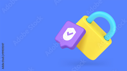 Minimalist 3d banner template with a cartoon padlock. Vector illustration for cybersecurity, data protection, and online safety. Modern design for web, ads, and privacy presentations