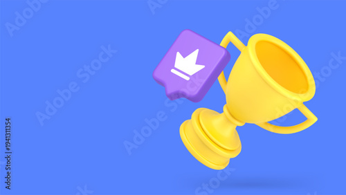 Abstract 3d banner template with a cartoon golden trophy and crown icon. Vector illustration for celebrating victory, achievement, and success. Modern design for web, ads, and presentations