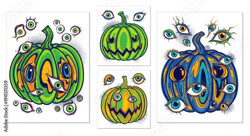 Halloween pumpkins with many eyes, surreal, psychedelic, cartoon style, white background