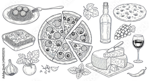 Hand-Drawn Italian Food Assortment: Pizza, Cheese, Wine, Grapes, and More