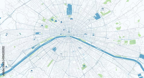 Aerial Map View of Paris, France with Seine River and Eiffel Tower
