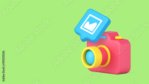 Minimalist 3d banner with cartoon camera and gallery icon. Vector illustration for photography, digital media, and photo sharing. Modern design for web, apps, and creative portfolio