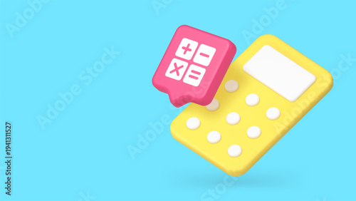 Minimalist 3d banner with cartoon calculator and math symbols. Vector illustration for financial accounting and education. Modern design for web, business reports, and budget planning