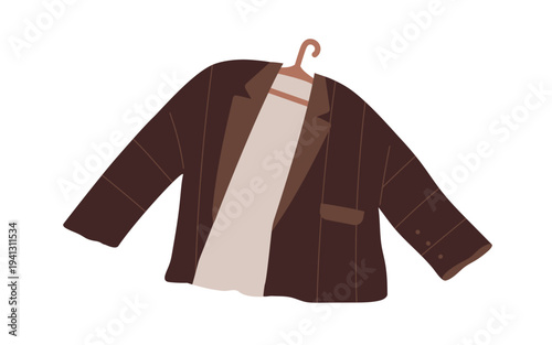 Jacket, blazer on hanger. Elegant female clothing, apparel with lapels and buttons, striped fabric. Fashion style wearing, garment hanging. Flat vector illustration isolated on white background