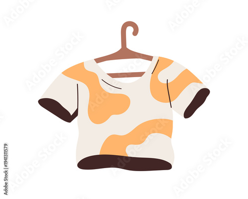 T-shirt on hanger. Cropped tshirt, women clothing, apparel hanging. Modern fashion style wearing, casual summer garment with pattern. Flat vector illustration isolated on white background