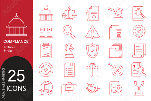 Compliance web icons in line style. Regulations, policy, legal document, quality control, responsibility, law. Editable stroke. Vector illustration