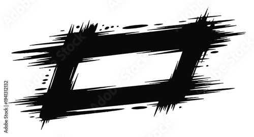 Elongated horizontal black ink frame with heavy brush textures and paint splatters for wide banner designs and artistic headers on white background illustration