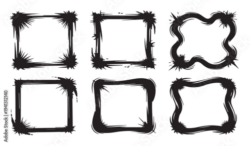 Set of distressed frames with spiky edges, black grunge design for design elements, rough borders for photos or text, abstract brush stroke collection for graphic projects