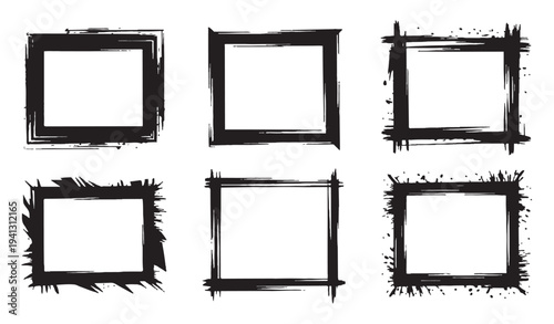 Set of  varied black grunge frames with rough brush strokes, perfect for adding distressed borders to photos, text, or graphic designs, abstract artistic elements collection