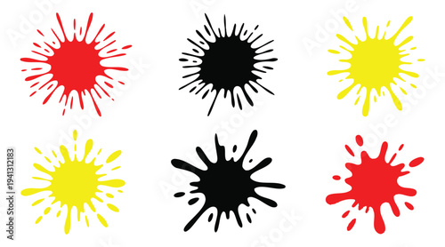 Set of colorful paint splash silhouettes on white background for creative design projects artistic splatter collection including red black and yellow blobs