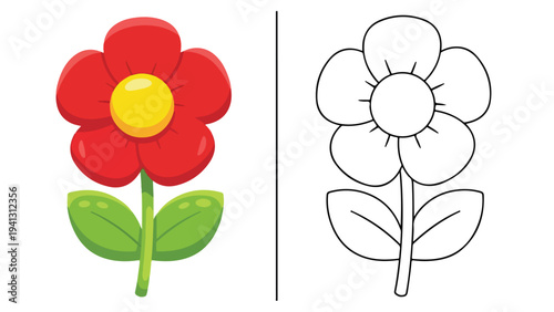 Colorful illustration of a red flower next to a black and white line drawing of a similar flower on a white background.