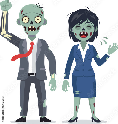 Cartoon zombie businessman and businesswoman in tattered suits symbolizing humorous office horror and creative undead concept