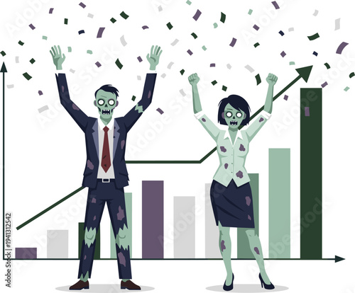 Cartoon zombie businessman and businesswoman celebrating corporate success with confetti and growth chart symbolizing humorous achievement