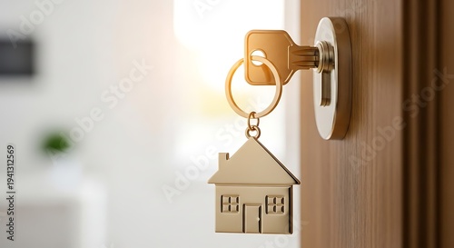 Golden house key with house shaped pendant on door handle indoors
