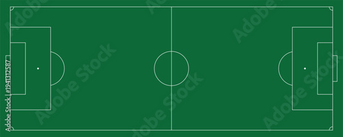 Soccer field layout with white line and green pitch. Top view football stadium diagram for sports vector illustration.