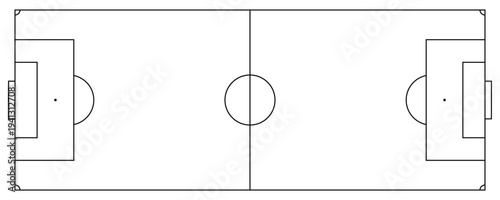 Soccer field layout with black line art. Top view of football pitch diagram vector illustration.
