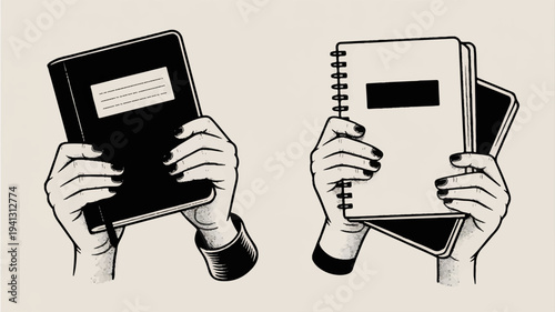 Hands holding black notebook and spiral bound book with blank labels on covers