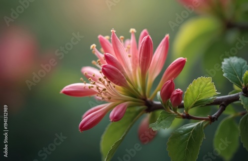 Pink honeysuckle flower bud unfurling on a branch with green leaves. Soft focus background bokeh highlights delicate bloom in spring garden. Natural beauty close up.