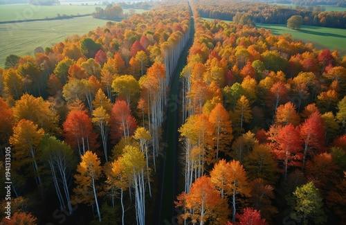 Aerial view of autumn forest with colourful trees. Road cuts through woodland, showing red orange yellow foliage. Green fields border forest edge.