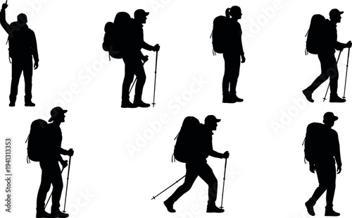 Hiker silhouette set, backpacker walking poses, trekking people collection, hiking adventure silhouettes, outdoor explorer figures, backpack hiking activity illustration