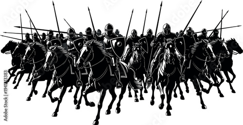 Medieval cavalry army silhouette, armored knights on horses, historic battle charge illustration, warrior riders with spears, medieval warfare scene