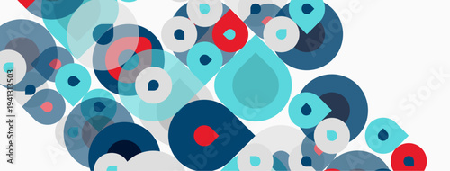 Abstract circles overlap, creating dynamic composition. Blue, red, teal hues dominate white background. Modern design elements present.