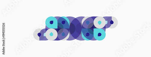 Abstract composition featuring overlapping circles. Purple, teal hues dominate design. Minimalist, modern aesthetic. Simple shapes create visual interest.