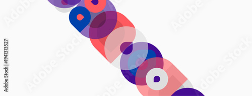 Abstract circles overlap, creating vibrant color gradients. Diagonal composition with purple, pink, blue hues on white background. Modern design.