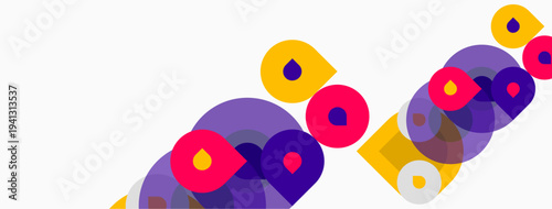 Abstract colorful circles overlap, creating dynamic visual pattern. Bright hues contrast against white background. Modern design element.