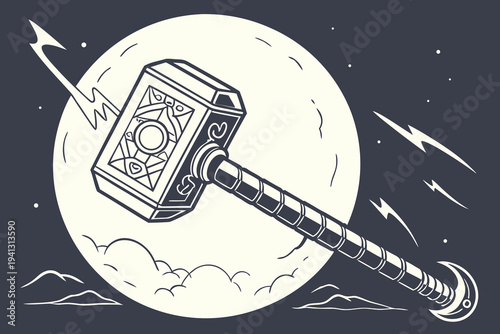Mjolnir hammer illustration in cosmic scene with full moon