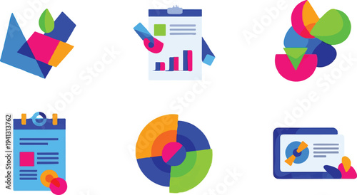 Set of 6 colorful abstract business and data analysis vector icons, featuring charts, reports, and geometric shapes, ideal for modern marketing and presentation designs.
